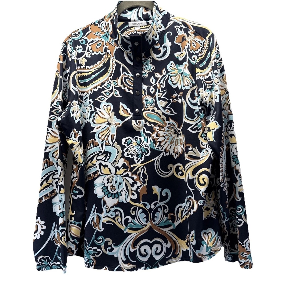 Chicos Women's Top Size L Black Blue Paisley Snap Mock Neck Long Sleeve Stretch